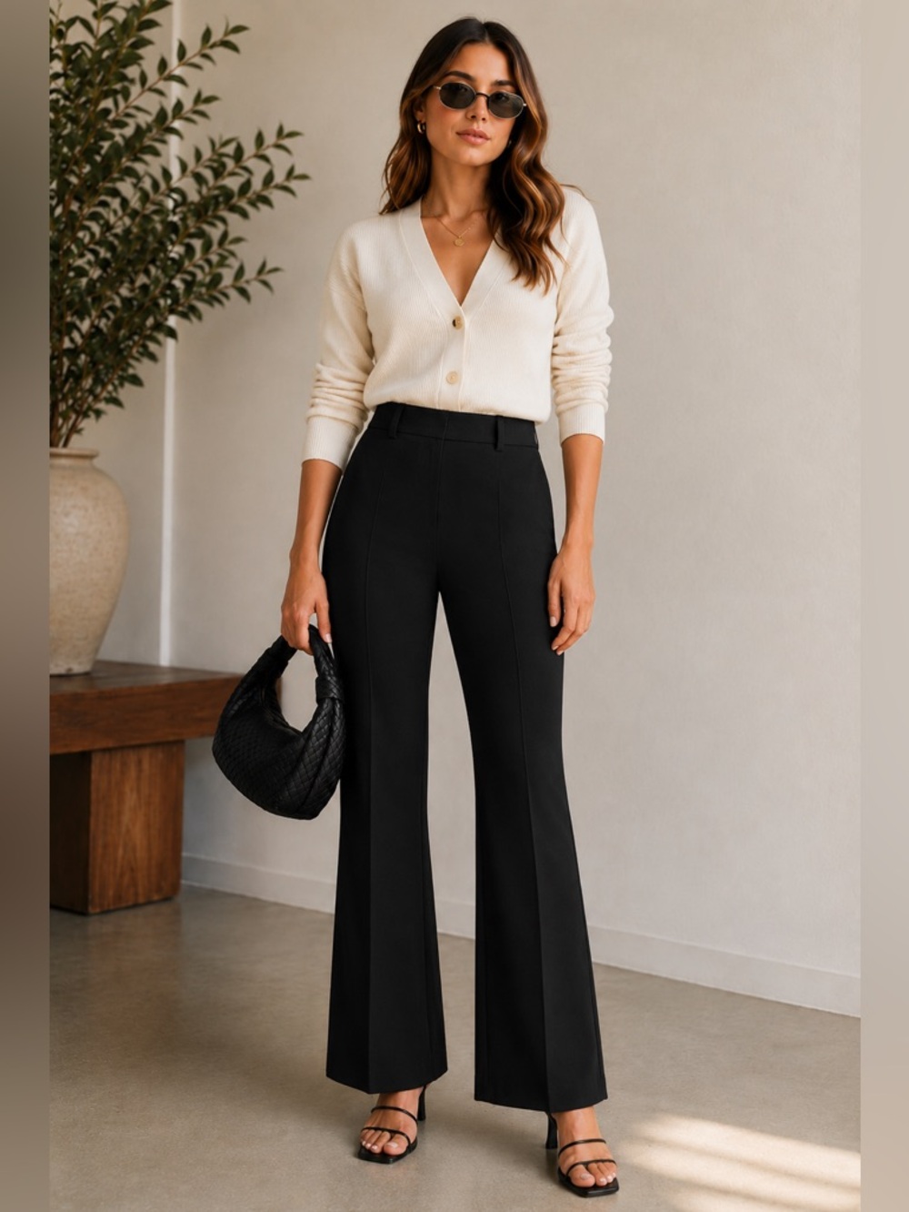 Massimo Dutti Pintuck‎ Front Black Flare Ponte Back Ankle Slit Trouser Pants NWT